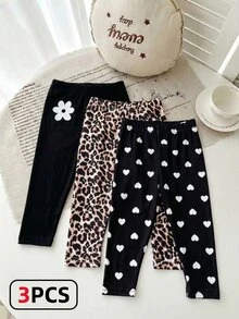 3件組女嬰休閒可愛柔軟豹紋愛心印花內搭褲，搭配黑色純棉內搭褲，適合秋季居家，米色、黑色、白色 - 彩色 - 查看 3