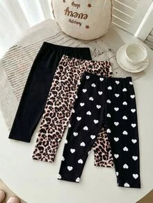 3件組女嬰休閒可愛柔軟豹紋愛心印花內搭褲，搭配黑色純棉內搭褲，適合秋季居家，米色、黑色、白色 - 彩色 - 查看 2