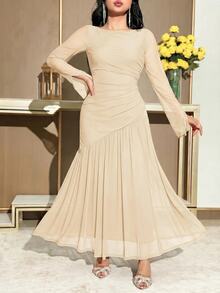 Feyla Women's Solid Color Round Neck Pleated Long Sleeve Elegant Modest Long Dress Dinner Party Dinner Dinner Date Beige Autumn - Apricot - View 7
