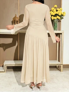 Feyla Women's Solid Color Round Neck Pleated Long Sleeve Elegant Modest Long Dress Dinner Party Dinner Dinner Date Beige Autumn - Apricot - View 2