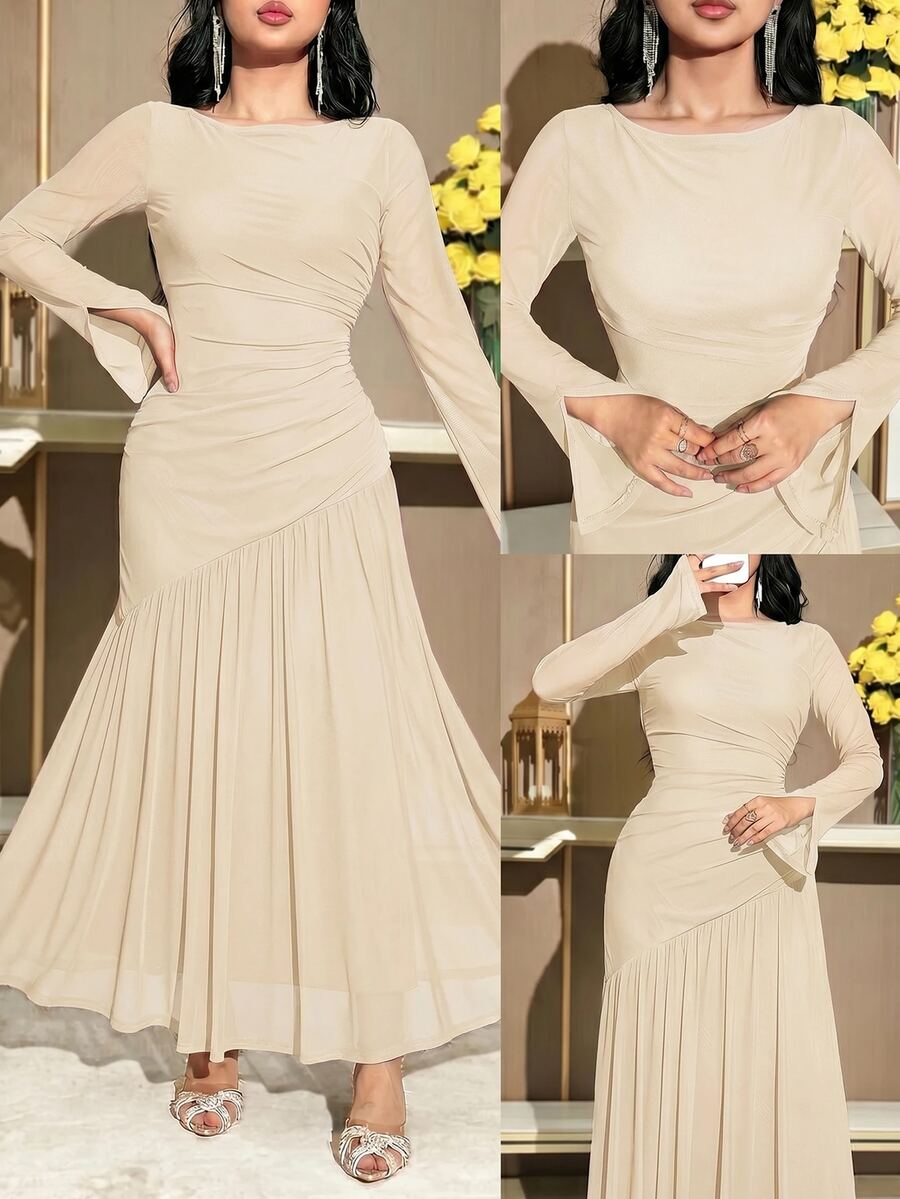 Feyla Women's Solid Color Round Neck Pleated Long Sleeve Elegant Modest Long Dress Dinner Party Dinner Dinner Date Beige Autumn - Apricot - View 1