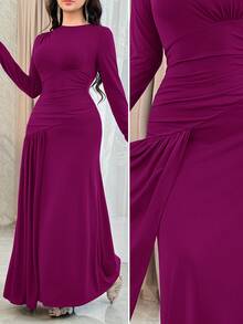 Feyla Women's High Waist Solid Color Elegant Long Dress Dinner Date Mint Green Autumn - Red Violet - View 1