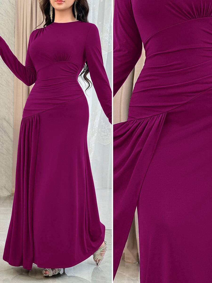 Feyla Women's High Waist Solid Color Elegant Long Dress Dinner Date Mint Green Autumn - Red Violet - View 1