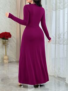 Feyla Women's High Waist Solid Color Elegant Long Dress Dinner Date Mint Green Autumn - Red Violet - View 2