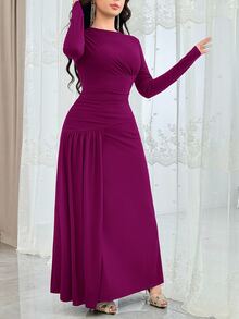 Feyla Women's High Waist Solid Color Elegant Long Dress Dinner Date Mint Green Autumn - Red Violet - View 7