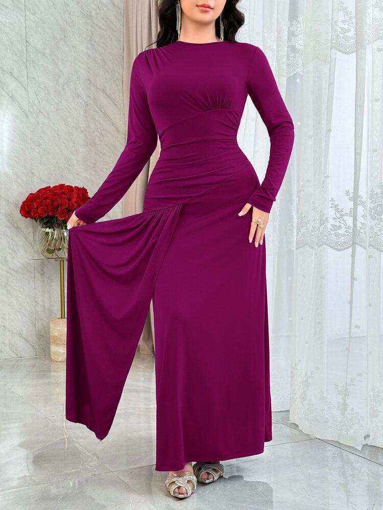 Feyla Women's High Waist Solid Color Elegant Long Dress Dinner Date Mint Green Autumn - Red Violet - View 4