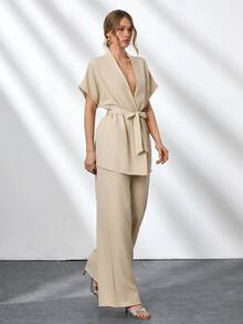 SHEIN Cottnline Women Solid Color Short Sleeve Top And Long Pants 2 Pieces Cozy Set - Beige - View 5