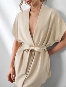 SHEIN Cottnline Women Solid Color Short Sleeve Top And Long Pants 2 Pieces Cozy Set - Beige - View 3