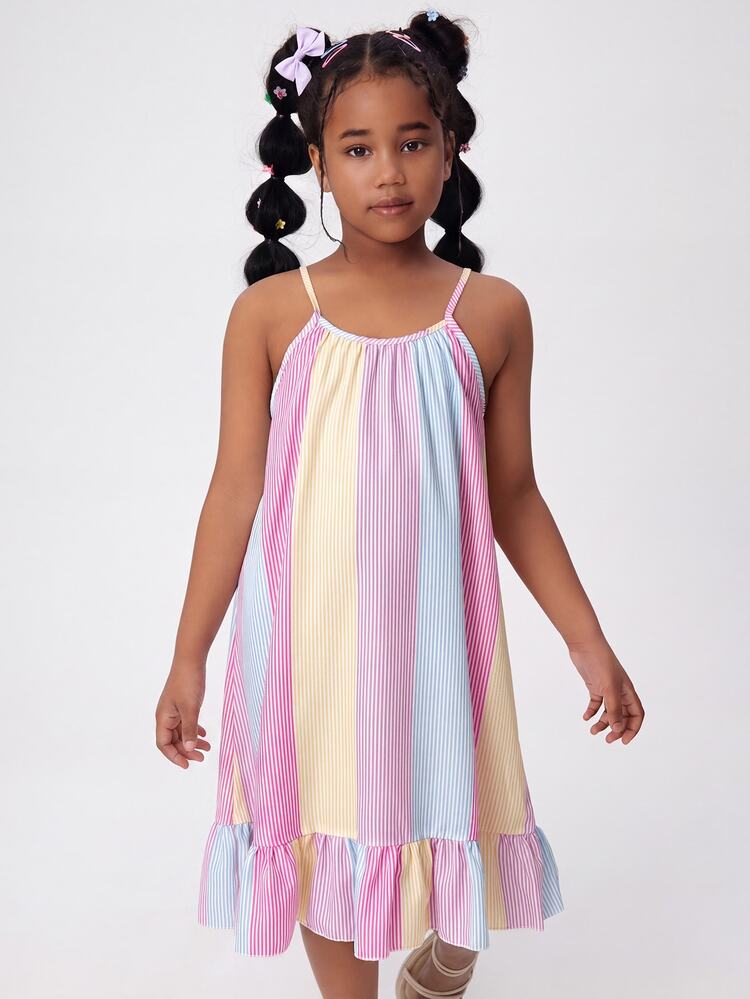SHEIN Sparklyn Tween Girls Light Pink Plaid Stripe Print Spaghetti Strap Ruffle Hem Casual Kawaii Cute Holiday Mini Dress Daily Outfit Vacation Summer - Multicolor - View 3