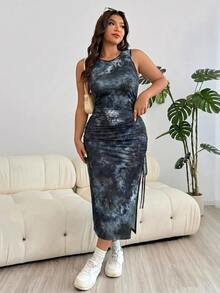 SHEIN EZwear 黑色扎染针织无袖加大码修身连衣裙（女款） - 黑色 - 查看 4