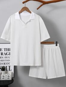 SHEIN 青少年男孩 2件組紋理布料 Polo 衫與短褲套裝，全白夏季家庭度假休閒風，適合戶外玩耍、派對 - 白色 - 查看 3