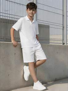SHEIN 青少年男孩 2件組紋理布料 Polo 衫與短褲套裝，全白夏季家庭度假休閒風，適合戶外玩耍、派對 - 白色 - 查看 7