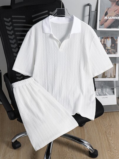 SHEIN Conjunto de 2 piezas para adolescente chico, camisa polo de tela texturizada & pantalones cortos, todo blanco, estilo casual de vacaciones de verano para vacaciones familiares, juego al aire libre, fiesta