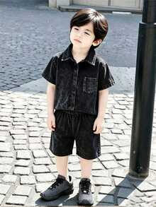 SHEIN Young Boy Summer Casual Loose Fit Black 2pcs Set - Short Sleeve Shirt & Jacket, Outdoor Street Fashion Style - Black - View 1