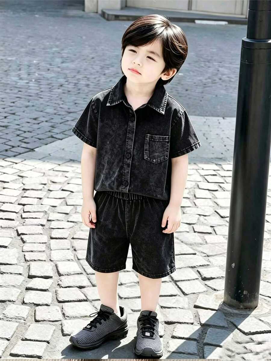 SHEIN Young Boy Summer Casual Loose Fit Black 2pcs Set - Short Sleeve Shirt & Jacket, Outdoor Street Fashion Style - Black - View 1