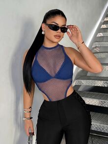 SHEIN SXY Royal Blue Sexy Techno Techno Mesh Sheer Bodysuit Club Night Out Night Out Rave Summer - Blue - View 6