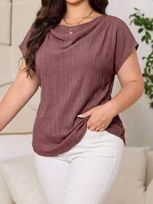 Reflora Plus Size Women's Solid Color Round Neck Short Sleeve Pleated Design Blouse - Dusty Pink - View 3