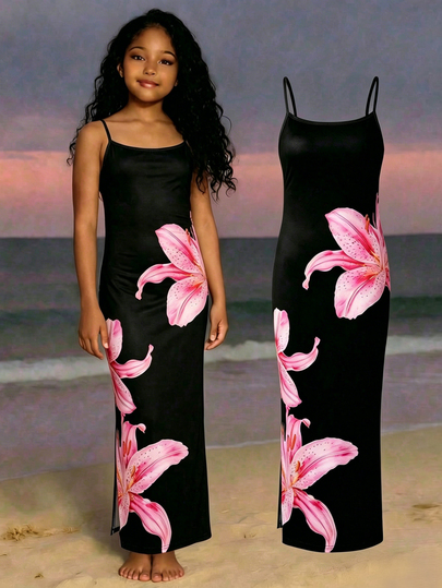 SHEIN Tween Girls Waist Summer Girls' Sleeveless Maxi Dress, Black Floral Fruit Print, Fitted Silhouette Side Slit Hem, Casual, Daily, Outfit