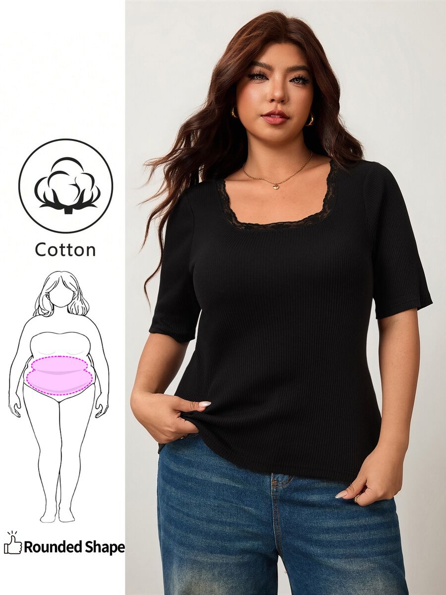 Enliva Plus-Size Women's High-Elasticity Slim-Fit Square Neck Short-Sleeved T-Shirt, Skin-Friendly Spring And Summer T-Shirt, With Lace Details At The Neckline. - Black - View 1