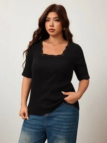 Enliva Plus-Size Women's High-Elasticity Slim-Fit Square Neck Short-Sleeved T-Shirt, Skin-Friendly Spring And Summer T-Shirt, With Lace Details At The Neckline. - Black - View 6