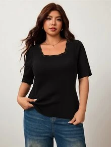 Enliva Plus-Size Women's High-Elasticity Slim-Fit Square Neck Short-Sleeved T-Shirt, Skin-Friendly Spring And Summer T-Shirt, With Lace Details At The Neckline. - Black - View 4