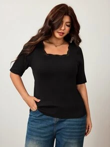Enliva Plus-Size Women's High-Elasticity Slim-Fit Square Neck Short-Sleeved T-Shirt, Skin-Friendly Spring And Summer T-Shirt, With Lace Details At The Neckline. - Black - View 5