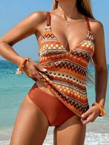 Swim Lushoire Bohemian Style Women's Geometric Pattern Spaghetti Strap Tankini Swimwear Set Summer - Multicolor - View 3