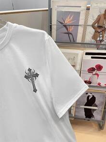 SHEIN 2pcs/Set Teen Boy Casual White Short Sleeve T-Shirt And Cross Print Shorts Set, Streetwear Punk Rock Preppy Style For Daily Wear, Outings, Parties, Music Festivals, Suitable For Spring And Summer - Grey - View 5