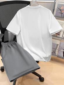 SHEIN 2pcs/Set Teen Boy Casual White Short Sleeve T-Shirt And Cross Print Shorts Set, Streetwear Punk Rock Preppy Style For Daily Wear, Outings, Parties, Music Festivals, Suitable For Spring And Summer - Grey - View 2