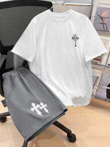 SHEIN 2pcs/Set Teen Boy Casual White Short Sleeve T-Shirt And Cross Print Shorts Set, Streetwear Punk Rock Preppy Style For Daily Wear, Outings, Parties, Music Festivals, Suitable For Spring And Summer - Grey - View 4