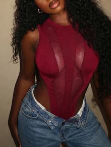 SHEIN SXY Burgundy Mesh Patchwork Sexy Sheer Bodysuit Club Night Out Summer - Burgundy - View 1
