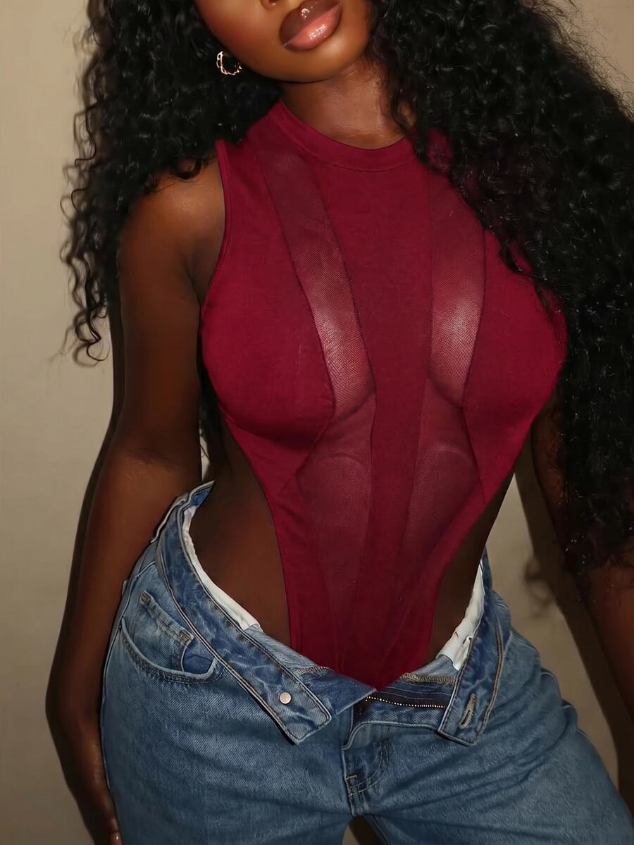 SHEIN SXY Burgundy Mesh Patchwork Sexy Sheer Bodysuit Club Night Out Summer - Burgundy - View 1