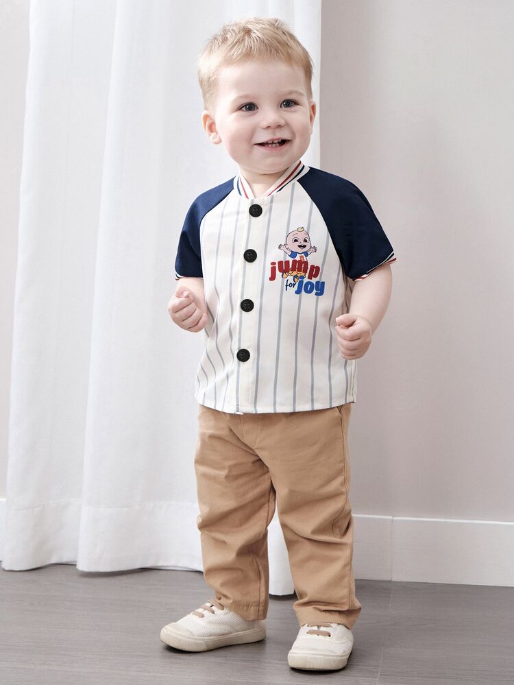 CoComelon X SHEIN Baby Boy Striped Single-Breasted Contrast Color Short Sleeve Top - Multicolor - View 4