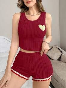 EasyFave Women Heart Print Cami Top And Shorts Pajama Set Lounge Set - Red - View 3