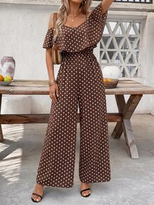 SHEIN Clasi Women's Brown And White Polka Dot Print Ruffle Hem Waist-Cinched Loose Jumpsuit Vacation Summer Boho - Coffee Brown - View 6