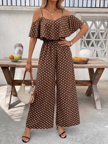 SHEIN Clasi Women's Brown And White Polka Dot Print Ruffle Hem Waist-Cinched Loose Jumpsuit Vacation Summer Boho - Coffee Brown - View 3