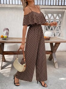 SHEIN Clasi Women's Brown And White Polka Dot Print Ruffle Hem Waist-Cinched Loose Jumpsuit Vacation Summer Boho - Coffee Brown - View 5