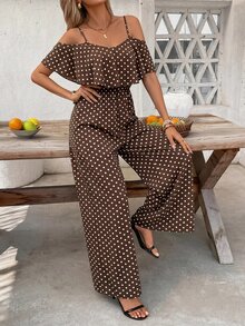 SHEIN Clasi Women's Brown And White Polka Dot Print Ruffle Hem Waist-Cinched Loose Jumpsuit Vacation Summer Boho - Coffee Brown - View 4