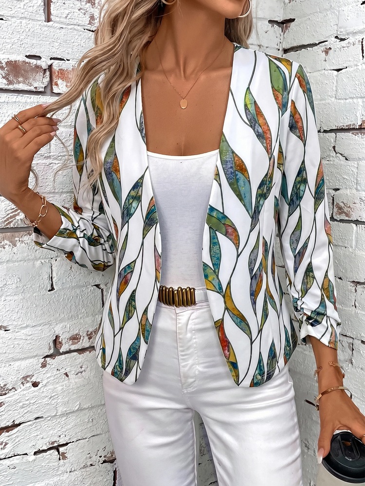 SHEIN Clasi Women's Elegant Casual Open Front Pleated Long Sleeve Versatile White Jacket Teachers' Day Office Business Autumn - Blue - View 1