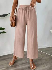 SHEIN LUNE Women's Casual Patterned Textured Fabric 3/4 Pants, Dusty Pink Color, Suitable For Back To School Vacation Season And Teacher Uniform Autumn - Apricot - View 3