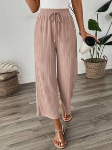 SHEIN LUNE Women's Casual Patterned Textured Fabric 3/4 Pants, Dusty Pink Color, Suitable For Back To School Vacation Season And Teacher Uniform Autumn - Apricot - View 5