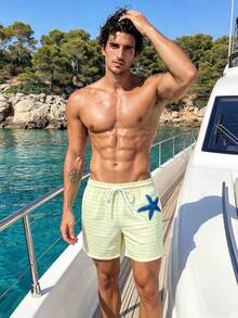 Azuldrift Men's Striped Vacation Starfish Patchwork Drawstring Waist Pocket Beach Shorts Holiday / Vacation / Beach / Hawaii / Tropical / Swim /  Bathing - Yellow - View 6