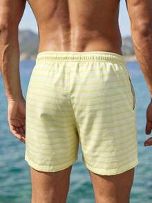 Azuldrift Men's Striped Vacation Starfish Patchwork Drawstring Waist Pocket Beach Shorts Holiday / Vacation / Beach / Hawaii / Tropical / Swim /  Bathing - Yellow - View 3