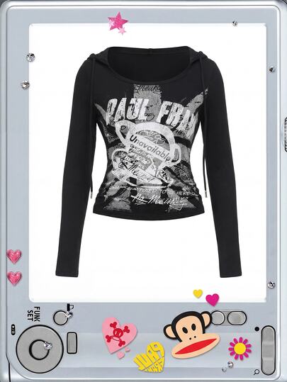 Paul Frank X ROMWE Camiseta con capucha de manga corta con estampado gráfico vintage estadounidense desgastado estilo Y2K