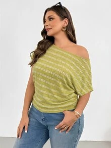 SHEIN Essnce 大尺碼女款春夏時尚休閒寬鬆舒適日常透視橄欖綠條紋短袖露肩上衣，度假上衣 - 黃色 - 查看 3