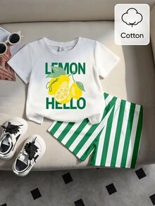 SHEIN 2件組舒適純棉男嬰幼兒休閒時尚度假風檸檬印花圓領短袖T恤搭配大條紋印花短褲休閒套裝，韓系風格，開學季舒適易穿男童T恤短褲春季氛圍與夏季度假氣息 - 彩色 - 查看 3