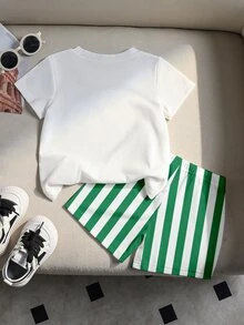 SHEIN 2件組舒適純棉男嬰幼兒休閒時尚度假風檸檬印花圓領短袖T恤搭配大條紋印花短褲休閒套裝，韓系風格，開學季舒適易穿男童T恤短褲春季氛圍與夏季度假氣息 - 彩色 - 查看 2