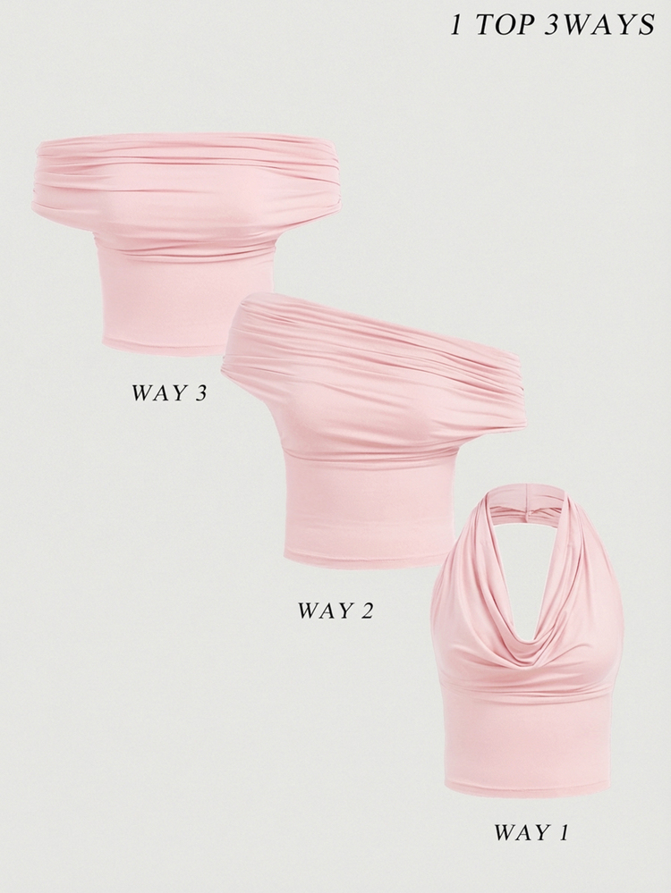 Tween Girls' Blush Pink Solid Color Fitted Top,Summer Casual Party High Neck Off-Shoulder Design,Elegant Dancewear Versatile Cute Top For Vacation - Pink - View 6