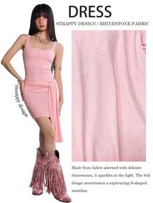 INAWLY Women's Y2K Sexy Style Casual Solid Color Rhinestone Twist Mini Dress Summer Going Out Night Out Club Pink - Pink - View 1