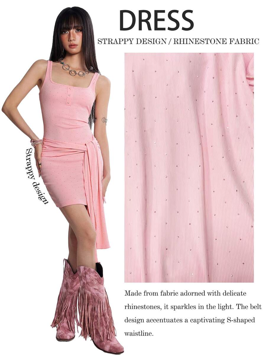 INAWLY Women's Y2K Sexy Style Casual Solid Color Rhinestone Twist Mini Dress Summer Going Out Night Out Club Pink - Pink - View 1
